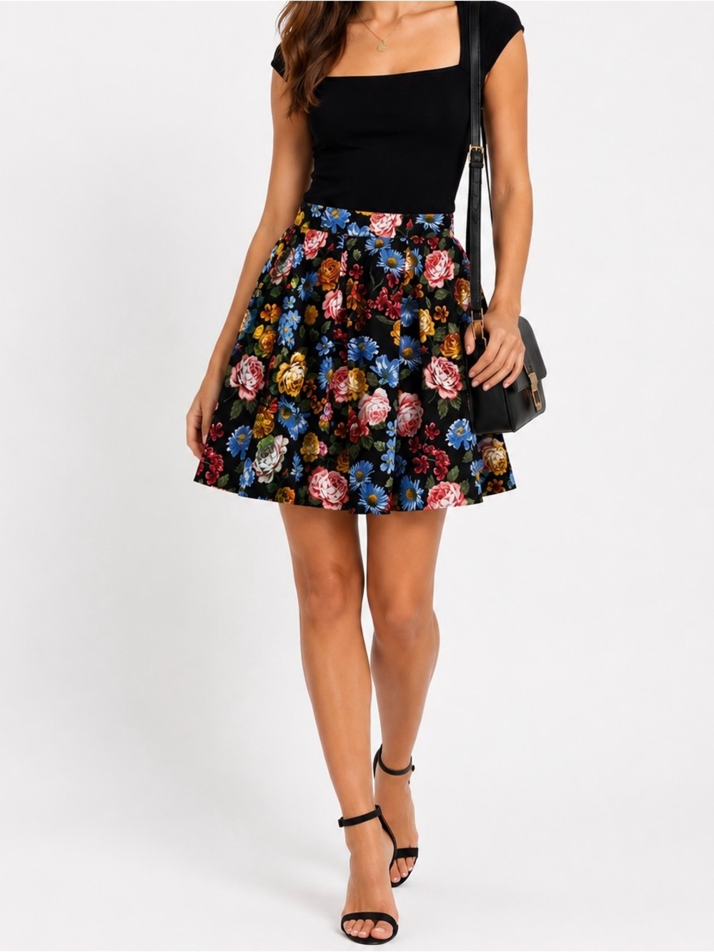 Forever 21 Black Floral Skater Skirt with Multicolor Blooms